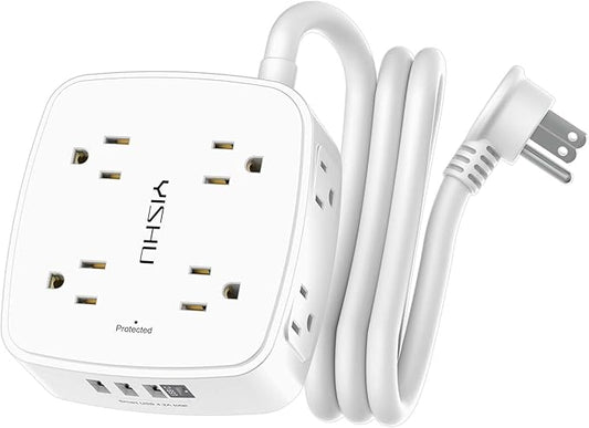 5Ft Surge Protector Power Strip - 8 Widely Outlets with 4 USB Ports, 3 Side Outlet Extender with 5 Feet Extension Cord, Flat Plug, Wall Mount, Desk USB Charging Station, ETL,White