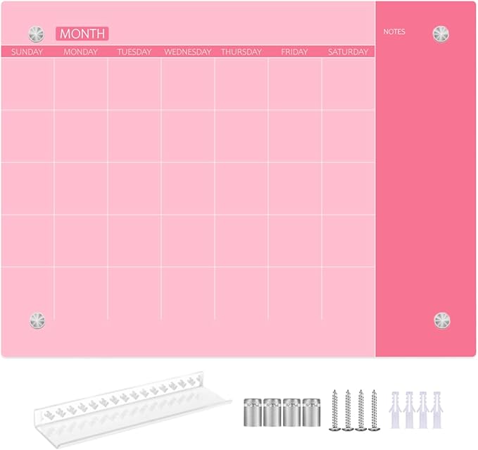 Glass Dry Erase Whiteboard,Monthly Calendar Whiteboard,12" x 16",Frameless Glass White Board for Home,School,Office,Pink Surface(GlassA-PK-3040)