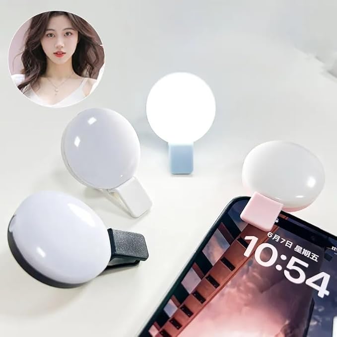 Clip-on LED Selfie Ring Light, Small Pocket-Size, 3 Brightness Levels, Rechargeable, Phone Camera Light, (White)