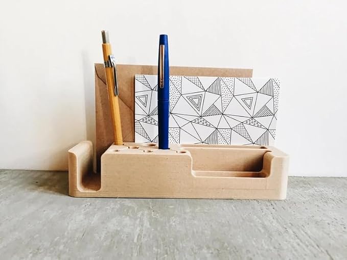 Minimalist Beige Wooden Desk Organizer, Multi-Compartment Pen Holder & Stationery Caddy, Modern Desktop Storage for Office Home School, Natural Wood Finish