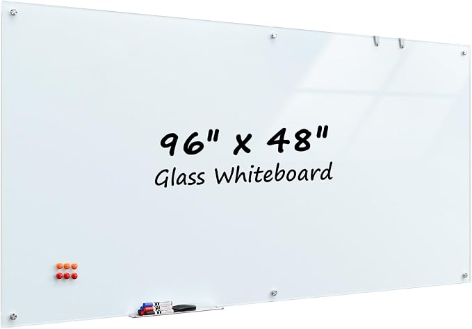 MaxGear Extra Large Magnetic Glass Whiteboard 96x48 Frameless Board | Tempered Glass, Scratch Resistant, Stain Resistant, Ghost Free, Easy Erase, Smooth Writing, High Clarity, Frameless