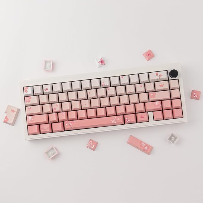 Tsungup PBT Keycaps Cherry Blossom Keycap Set - Custom Pink Sakura Keycaps | 135 Keys Gradient DoubleShot Side Print Key caps Cherry Profile Keyboard Key caps for Mechanical Keyboards