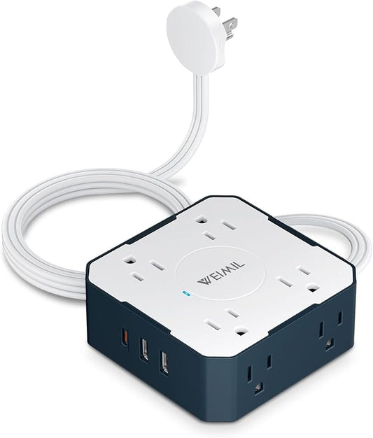 Surge Protector Power Strip, 5 Ft Flat Plug Extension Cord with 3 USB Charger(1 USB C Port) and 8AC Outlets, Wall Mountable Multi Plug Outlet Extender for Home Office