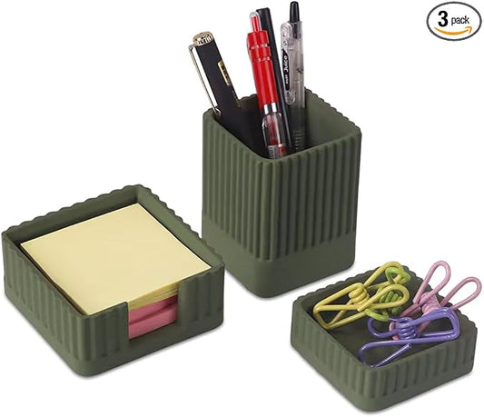 Desk Organizer Set of 3 for Office Accessories - Includes Pen Holder, Paperclip Storage, and Sticky Note Holder - Aesthetic Concrete Desktop Accessories for Women or Men, Office Decor (Green)
