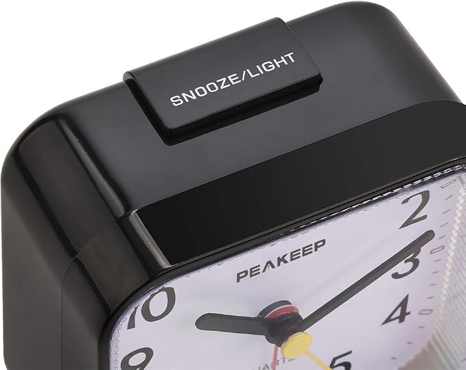 Peakeep Small Battery Operated Analog Travel Alarm Clock Silent | No Ticking, Lighted on Demand and Snooze, Beep Sounds, Gentle Wake, Ascending Alarm, Easy Set (Black)