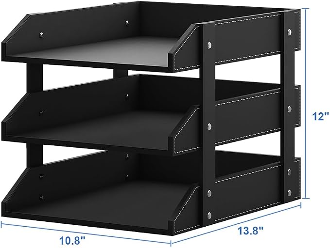 Leather Desk Organizer, Thipoten 3-Tier Stackable Letter Tray Holder for Office Supplies, Paper, File, Magazine, Perfect Office Organization for Desktop (Black-3Tiers)