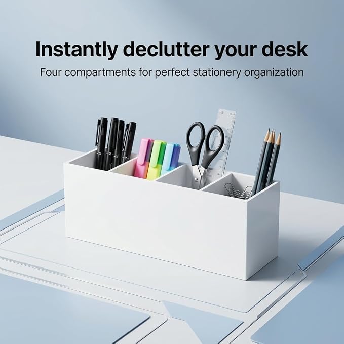 4 Compartment White Acrylic Pen Holder for Desk, Large Desktop Organizer & Pencil Cup, Makeup Brush Holder for Countertop, Multi-functional Pen Pencil Brushes Holders Caddy (Opaque White)