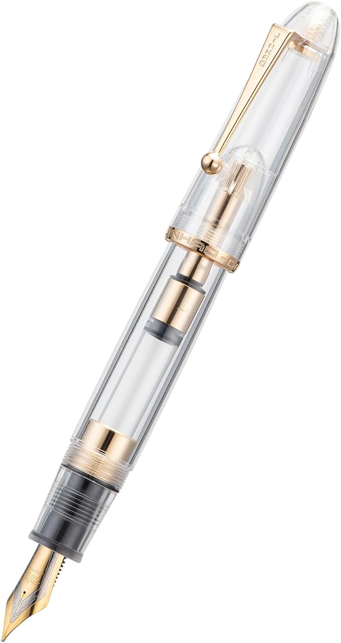 Jinhao 9019 DaDao Series Fountain Pen, Size 8 Medium Nib with Refillable Large Ink Converter, Transparent Clear Design Smooth Writing Pen (Gold Trim)