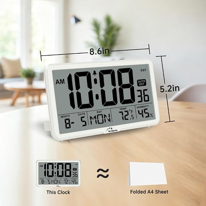 WallarGe Auto Set Digital Wall Clock Battery Operated, Auto DST | Desk Clock with Temperature, Humidity and Date, Large Display Digital Calendar Alarm Clock for Bedroom, Office, Classroom