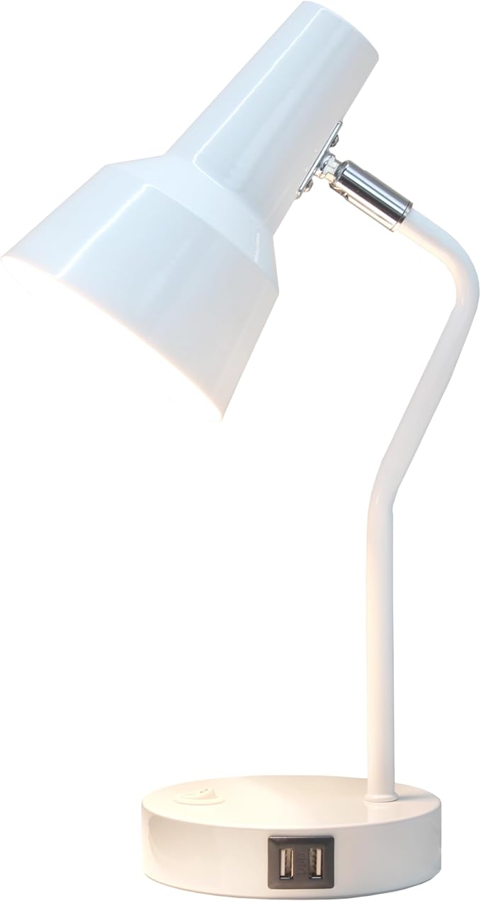 Simple Designs LD1072-WHT 15.2" Sleek Essentials Metal Cone Shade Desk Lamp with Adjustable Shade and Dual USB Ports, for Office, Desk, Nightstand, Dorm, White