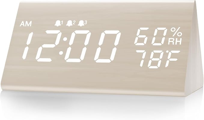 JALL Wooden Digital Alarm Clock for Bedrooms and Office, 3 Alarms with Big Digits, Humidity and Temperature Display, 6-Level Dimmer, Snooze, Loud Desk Clock for Heavy Sleepers, Plug in (White)