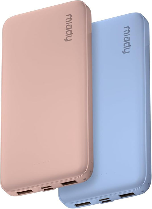 Miady 2-Pack Portable Charger, Slim 10000mAh Power Bank Travel Battery Pack | Dual USB丨3 Outputs 2 Inputs丨for Backpack Travel Camping丨Slim丨Compatible with iPhone Android etc丨Flight-Safe丨37Wh丨Blue+Pink