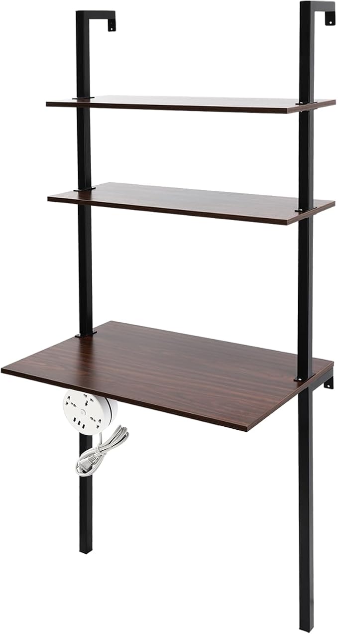 Wall Mount Desk 3 Tiers Wall Table Wall Mount Computer Writing Table Industrial Bookcase Desk Brown and Black for Homes Office School