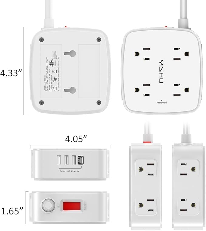 15 Ft Surge Protector Power Strip - 8 Widely Outlets with 4 USB Ports, 3 Side Outlet Extender with 15 Feet Extension Cord, Flat Plug, Wall Mount, Desk USB Charging Station, ETL, White
