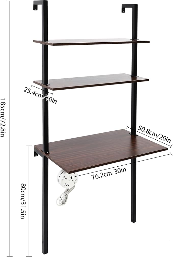 Wall Mount Desk 3 Tiers Wall Table Wall Mount Computer Writing Table Industrial Bookcase Desk Brown and Black for Homes Office School