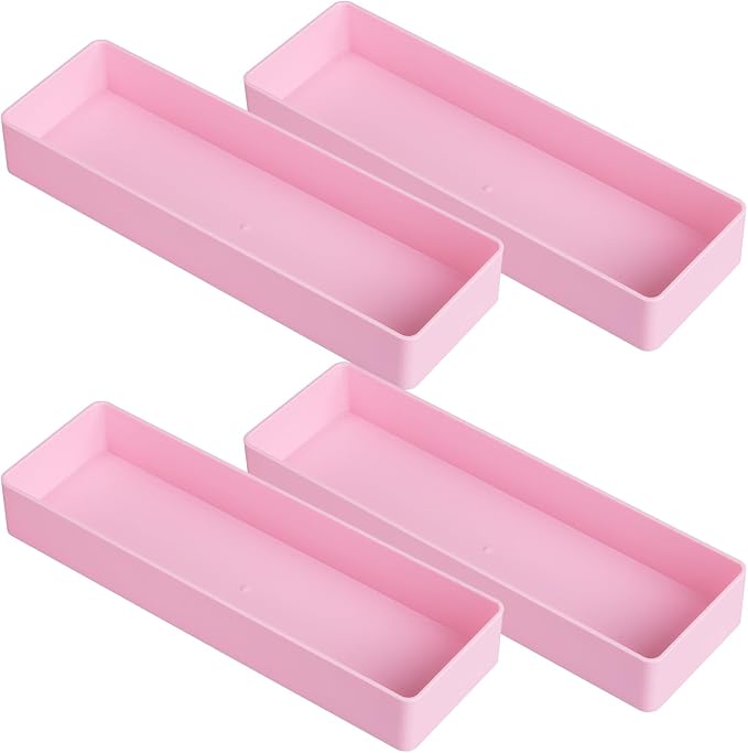 Teling 4 Pcs Pink Large Rectangular Desk Organizer Set, Half Accessory Tray, Plastic Tabletop Organizer for Office, Home, or Study, Dimensions: 9.45 x 2.95 x 1.38 Inches
