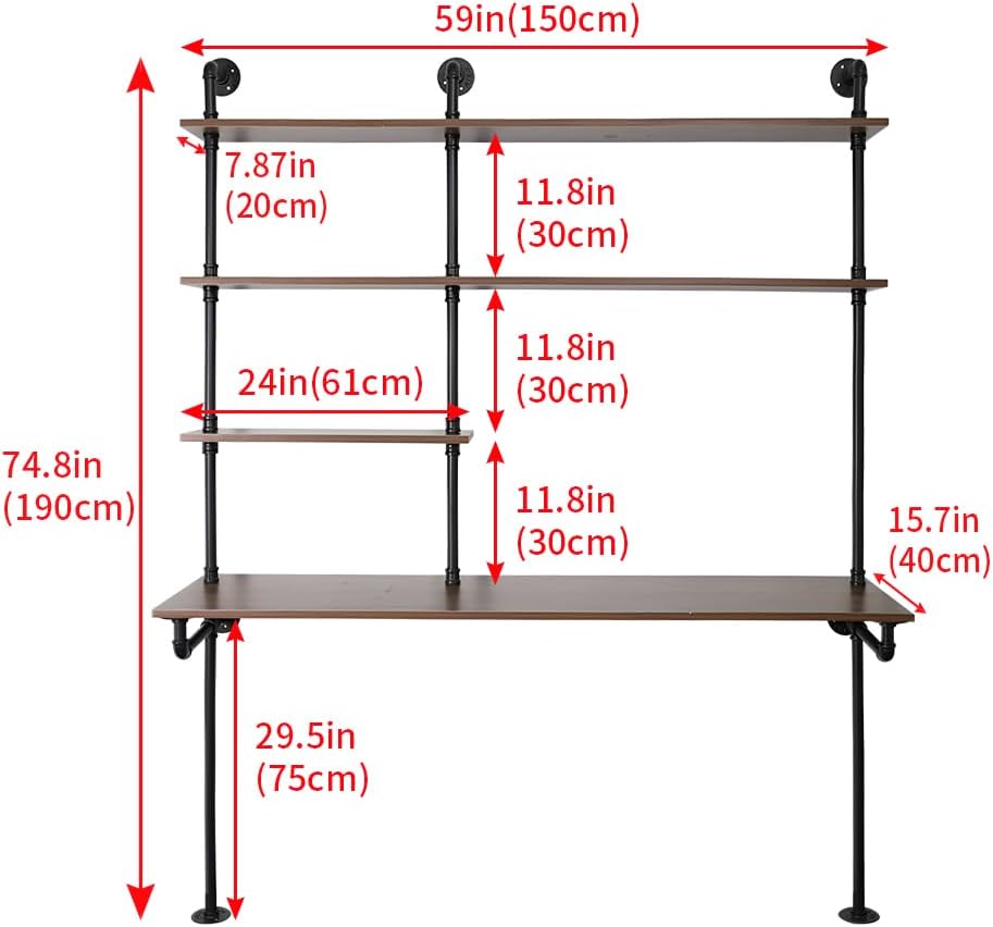 Industrial Pipe Computer Desk with Shelves,Wall Mounted Laptop Desks for Small Spaces,59 inch Bookshelf Narrow Writing Desk with Floating Shelves