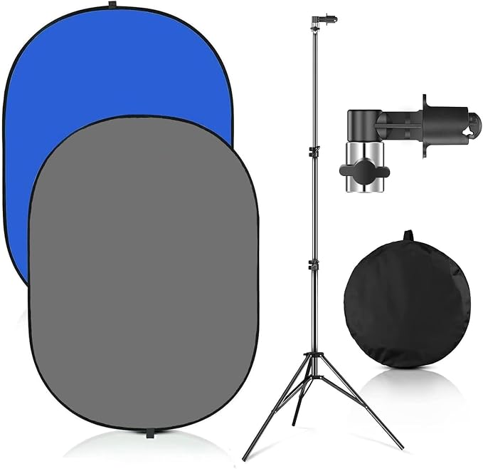 5x7ft Chromakey Blue/Grey Backdrop with Stand,2-in-1 Foldable Pop-Up Backdrop Double Sided Collapsible Backdrop with Support Stand for Photo and Video Shooting,Gaming (Gray & Blue)