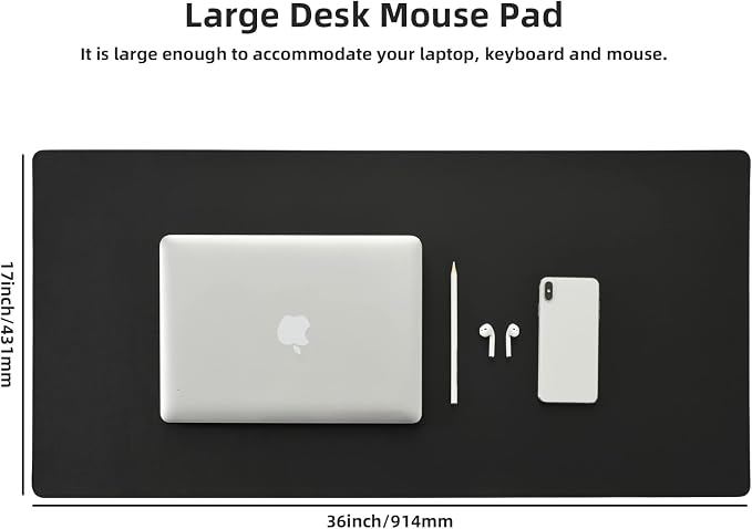 Leather Desk Pad,Wolaile 36x17 inch Large Mouse Pad,Waterproof Non-Slip Writing Desk Blotter,Computer Mat Desktop Protector for Office Home,Black