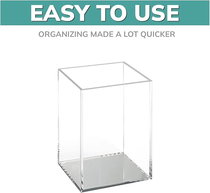 pbf Clear Acrylic Pen Holder for Desk | Clear Pencil Holder | Acrylic Makeup Brush Holder for Vanity | Pen Organizer | Bookmark Holder | Pencil Cups | Desk Organizer (Mirror Bottom)
