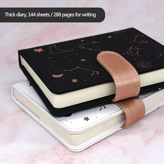 A6 Undated Daily Planner Starry Sky Journal Monthly & Daily Planner Small Diary Agenda, Self-filling Date, Soft Pu Leather Cover, Size 64K 4.1''x5.5'', Black+White