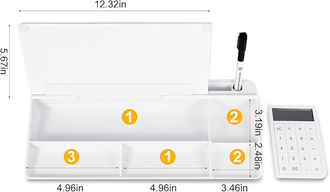 Small Glass Desktop Whiteboard Dry Erase Board with Calculator - Desktop White Board Storage Memo Notepad Computer Keyboard Stand Organizers with Accessories Markers, Eraser for Office, Home, School