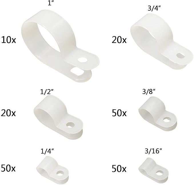 Cable Clamp 200 Pcs Black Nylon Screws Plastic R-Type Cable Clamp Clips Fasteners Assortment for Cable Conduit 6 Sizes 3/16" to 1" - White
