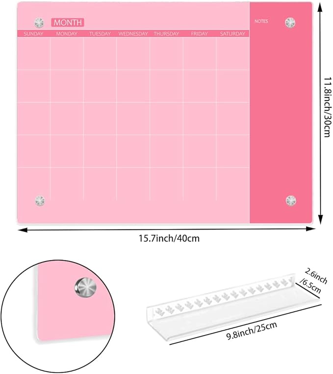 Glass Dry Erase Whiteboard,Monthly Calendar Whiteboard,12" x 16",Frameless Glass White Board for Home,School,Office,Pink Surface(GlassA-PK-3040)