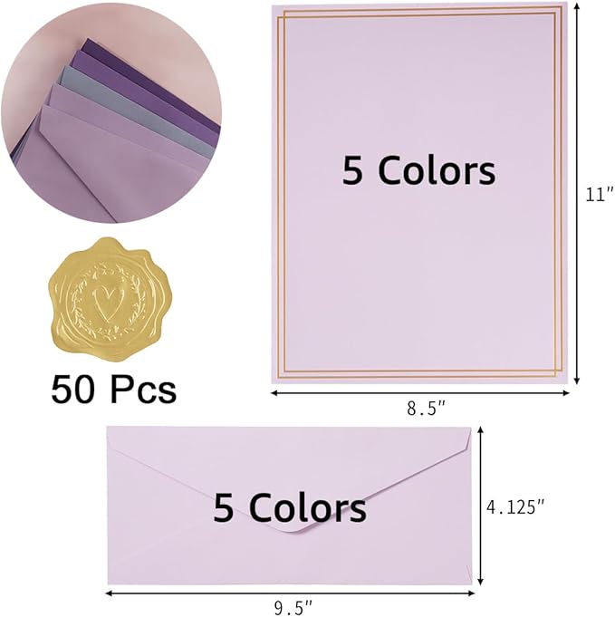 50 Pack Colored Stationery Set, 5 Colors #10 Business Envelopes, 50 Sheets 8.5x11 Paper Sheet and Gold Stickers for Office, Letters, Invitations (Purple)
