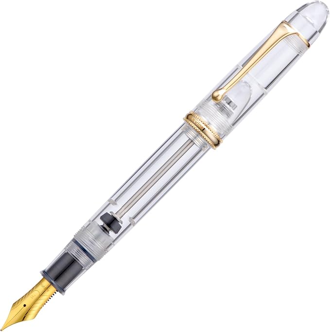 Asvine V800 Fountain Pen - Vacuum Filling System with Large Ink Capacity - Smooth Number 8 Extra Fine Nib with Gift Case and Wrench- Clear Gold Acrylic