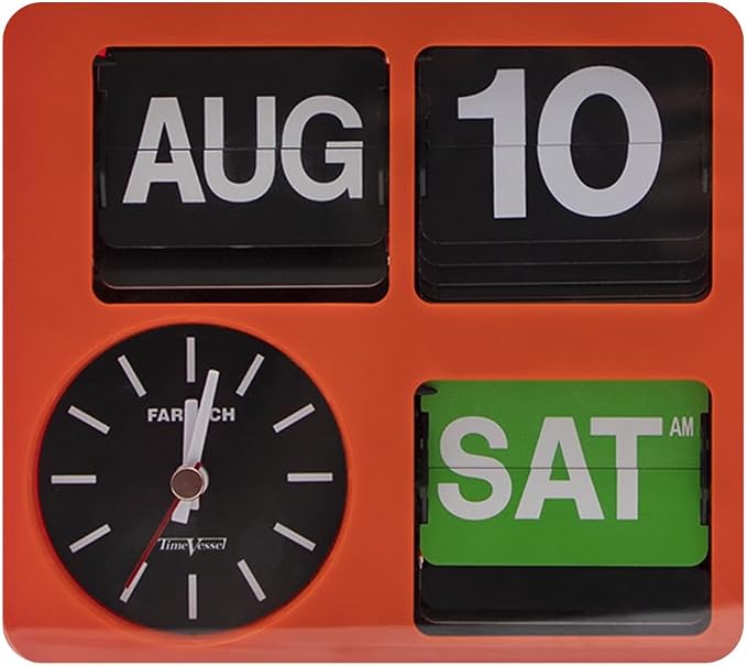 Retro Modern 9.45 Inches Calendar Day Date Flip Desk Wall Clock (Black)(No Battery Included) (Amber)