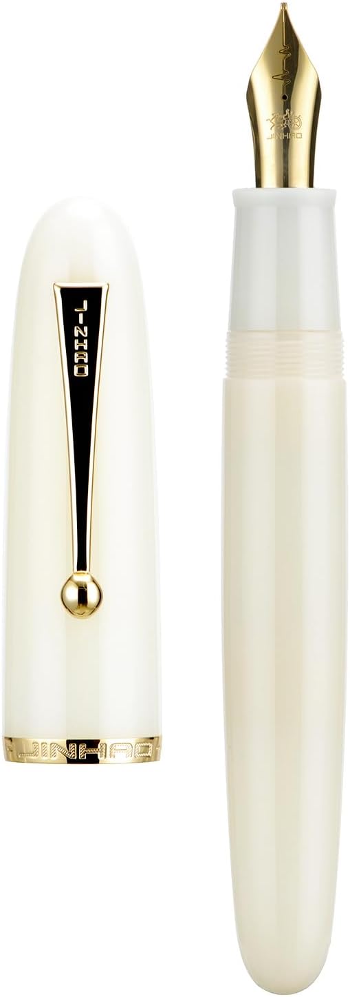 Jinhao 9019 DaDao Series Fountain Pen, Size 8 Medium Heartbeat Nib with Large Ink Converter, Ivory White Acrylic Design Smooth Writing Pen (Gold Trim)