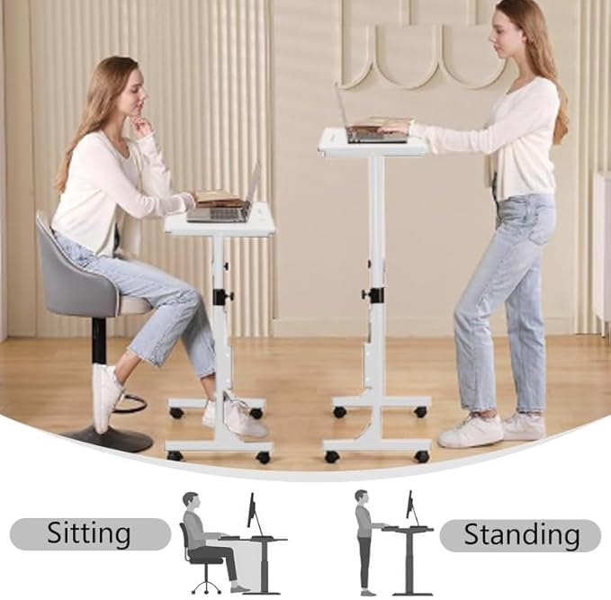 Portable Standing Desk, Adjustable Height 27.5"-43.3", Small Rolling Desk with Lockable Wheels, Foldable Computer Desk for Home Office, Space-Saving Laptop Table, White