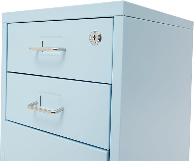 3 Drawer File Cabinet with Lock, Freestanding Filing Metal Drawers Organizer Vertical Metal Rolling Organizer Movable Under Desk Cabinet with Wheels for Home Office Living Room Study (3 Tiers Blue)