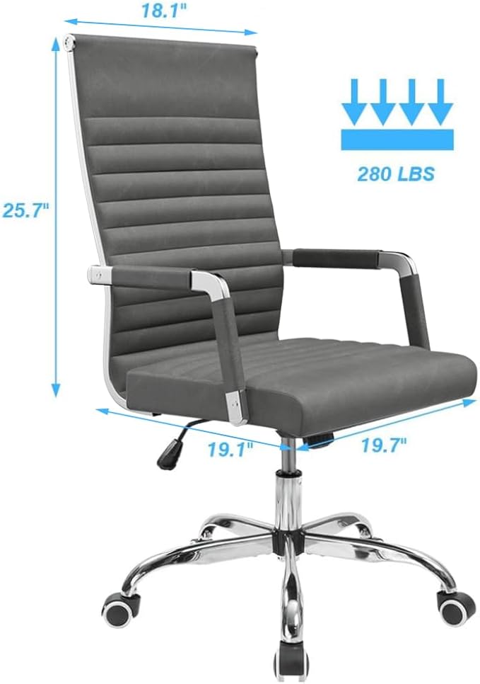 Furmax Ribbed Office Desk Chair Mid-Back PU Leather Executive Conference Task Chair Adjustable Swivel Chair with Arms (Bicolor Vintage Grey)