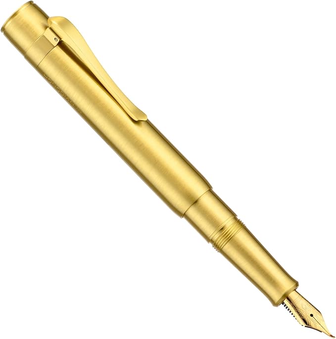 HONG DIAN M2 Mini Brass Fountain Pen with Bent Nib, Sleek Shape Short Pocket Travel Pen (Glossy Brass)