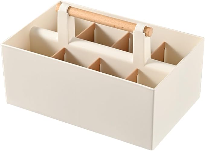 Buqoo Desk Organizer with 8 Compartments for Office Supplies | Plastic Makeup Organizer with Wooden Handle, Pen Holder for Desktop Storage, Desk Organization for Office Supplies (Coffee)