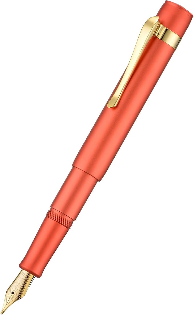 HONG DIAN M2 Black Forest Mini Fountain Pen, Long Blade Nib & Sleek Shape Aluminium Short Pocket Travel Pen (Orange Red)