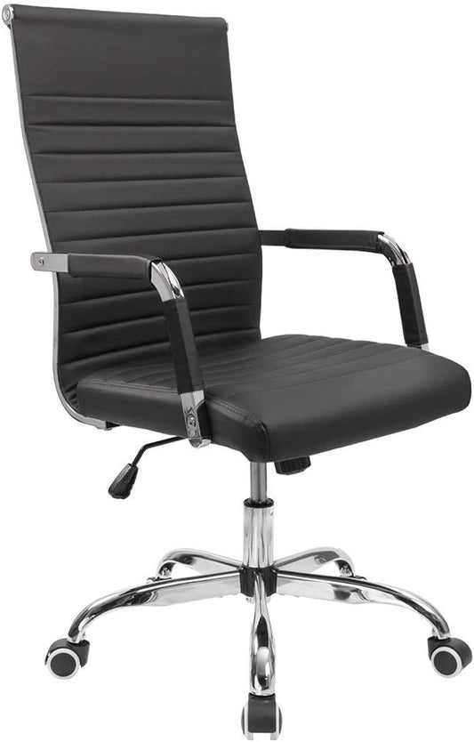 Furmax Ribbed Office Desk Chair Mid-Back PU Leather Executive Conference Task Chair Adjustable Swivel Chair with Arms (Black)