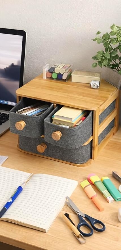 Bamboo Desk Organizer with 3 Drawers - Fabric Storage Box for Makeup, Jewelry, Office Supplies - Eco Friendly Wooden Organizer for Home & Office