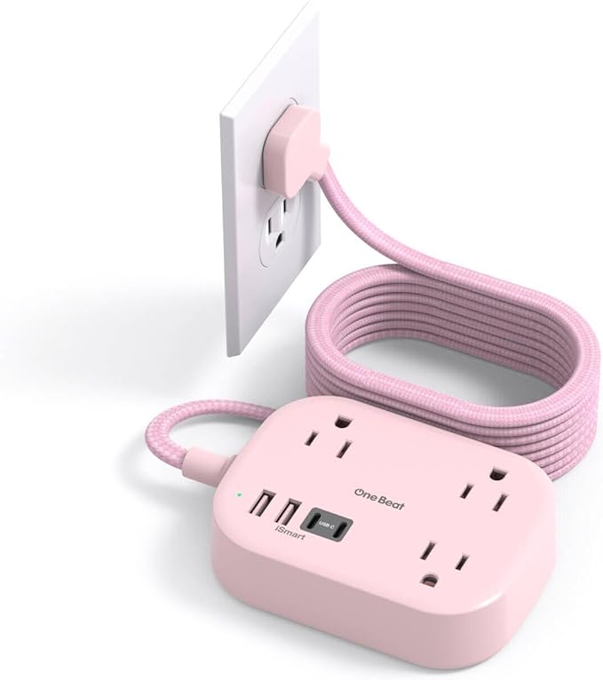 Cruise Essentials 2026,Travel Power Strip with USB C,Flat Plug Extension Cord 10 ft with 3 Outlets 4 USB Ports(2 USB C), Desk Wall Outlet Extender,Non Surge Protector for Cruise,Dorm Room,ETL-Pink