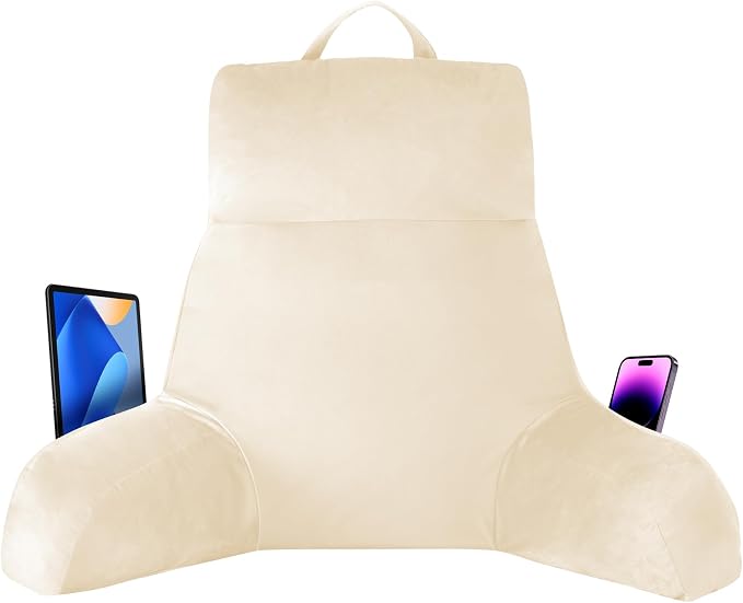 IPYNBAP Back Pillow for Bed Sitting up, Reading Pillow for Sitting in Bed Adult, Back Support Pillow, Memory Foam Sit up Lounge Backrest Pillow with Arms for TV, Couch, Chair, Dorm, 24 Inch, Beige