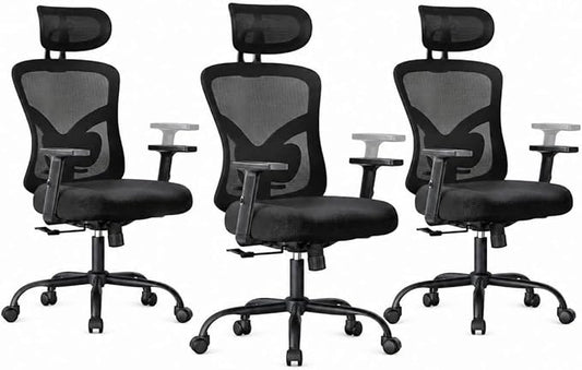 Marsail Ergonomic Office Chair Ergonomic Gaming Chair with Lumbar Support, 2D Headrest, Adjustable Armrests, Contoured Seat Cushion, Computer Desk Chair with Wheels for Home and Office, Pack of 3