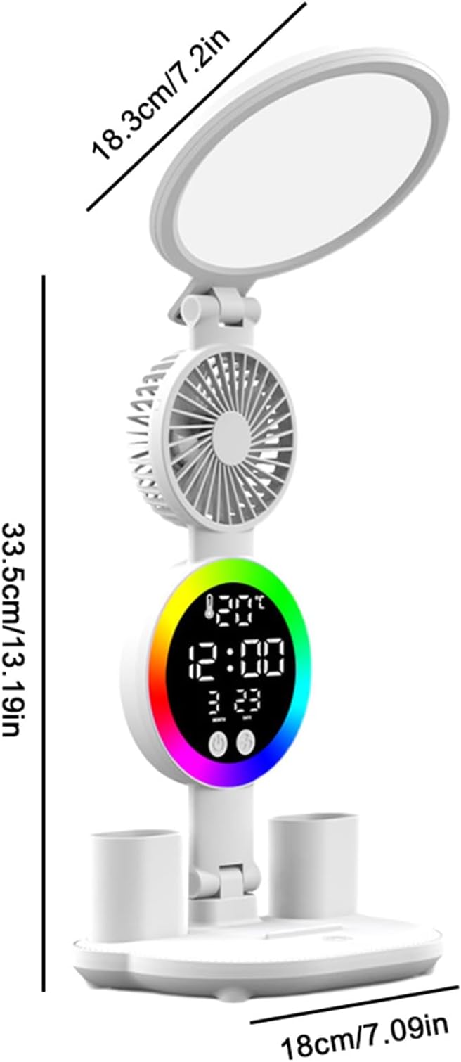 ikaufen Multifunctional LED Desk Lamp with Cooling Fan Digital Time Temp Display 3 Color Mode Stepless Dimmable Eye-Caring Table Light Foldable Pen Holders USB Type-C (Round Light, Touch)