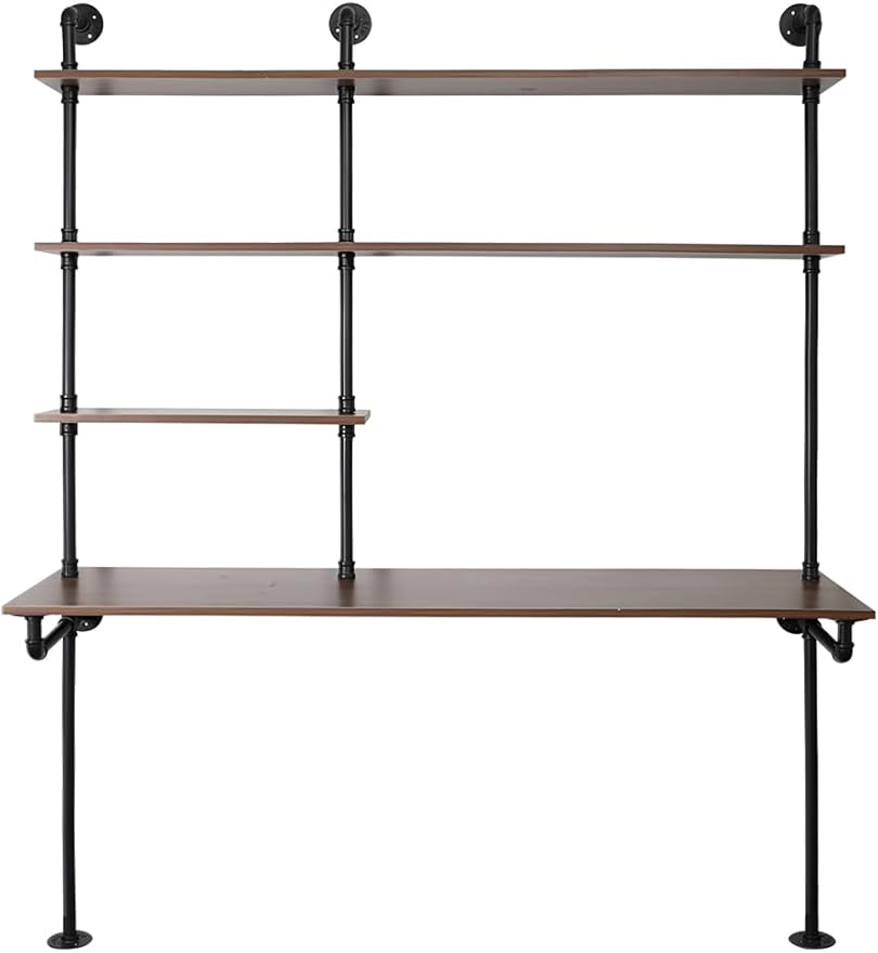 Industrial Pipe Computer Desk with Shelves,Wall Mounted Laptop Desks for Small Spaces,59 inch Bookshelf Narrow Writing Desk with Floating Shelves