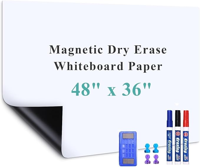 Large Self-Adhesive Whiteboard Sticker: 48" x 36" Magnet Receptive Dry Erase Wall Film | No Ghosting Conference Room & Classroom Board | Peel & Stick Resurfacing Sheet