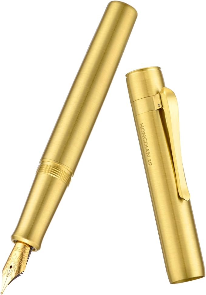 HONG DIAN M2 Mini Brass Fountain Pen with Extra Fine Soft Golden Nib, Sleek Shape Short Pocket Travel Pen (Glossy Brass)