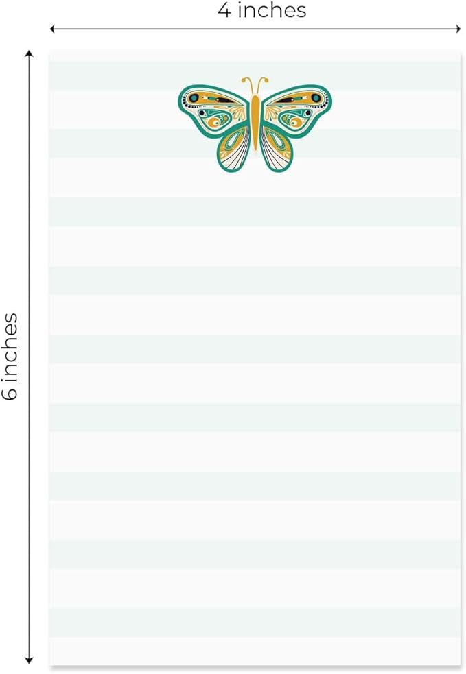 Folk Butterfly Sticky Note Pad Assortment/Set of 5 Pastel Note Pads / 4" x 6" Whimsical Sticky Note Pads / 50 Sheets Per Pad/Made in USA