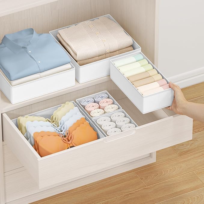DIMJ Drawer Organizer Clothes 14 Pack - Foldable Baby Organizers and Storage & Dresser Organizer for Bedroom, Closet - Nursery Organization Dresser Dividers for underwear, Sock,Bra, Belt, Tie, White