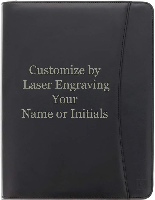 Customized Black Zippered Portfolio Binder - Engraved PU Leather Business Portfolio Organizer - Padfolio for Men & Women with US Letter Notepad, 10.5 Inch Tablet Pocket & Gift Box by Lautus Designs